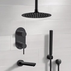Black Tub and Shower Faucet Set with Handheld and Ceiling Shower Head